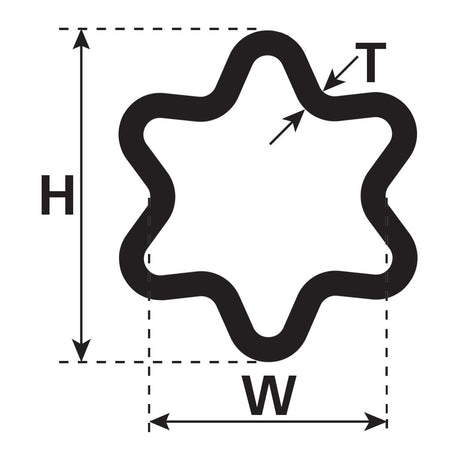 A schematic of the PTO Tube - Star Profile by Sparex, model S.4821, illustrating its height (H), width (W), and thickness (T) with directional arrows indicating the dimensions for a 3-meter length.