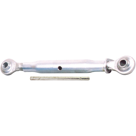 The Top Link (Cat.1/2) Ball and Ball, 1 1/8'' by Sparex, shown here next to a small cylindrical pin, features ball joints at both ends and a hole in the center, making it ideal for use as an implement end. The minimum length is 451mm - S.482.