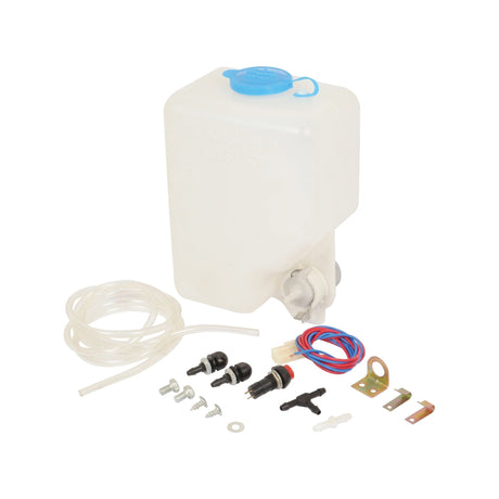 The Sparex Windscreen Washer Kit (Sparex Part No. S.4835) features a translucent plastic reservoir with a blue cap and includes various small accessories such as hoses, connectors, wiring, and mounting hardware. It is perfectly designed for 12V systems.