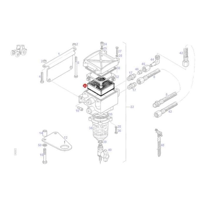 Exploded diagram displaying the components of a hydraulic system for a Fendt tractor, inclusive of valves, hoses, connectors, and the AGCO Fendt Filter Element (F916200060100), with each part meticulously numbered for reference.