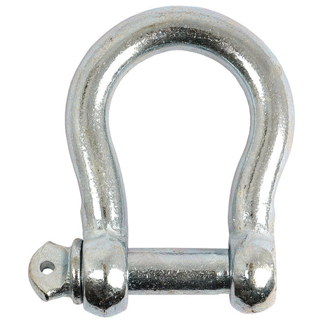 Close-up of a Sparex Bow Shackle with a threaded pin, Product S.4875, made from galvanised mild steel and featuring a 25.4mm pin diameter, ideal for connecting and securing heavy loads.