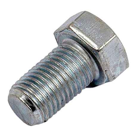 A close-up of a Sparex Imperial Setscrew (Sparex Part No. S.4890) featuring a hexagonal head and a 1/4''x1'' threaded shaft with zinc plating, showing its fine UNF threads (DIN 933) and tensile strength of 8.8 on a white background.