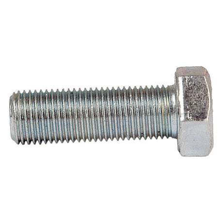 A close-up image of the Sparex Imperial Setscrew, 1/2''x1 1/2'' UNF (ASME B18.2.1) with a tensile strength of 8.8, featuring a zinc-plated metal hex head and UNF thread along its shaft, used for securing materials together (Sparex Part No.S.4906).