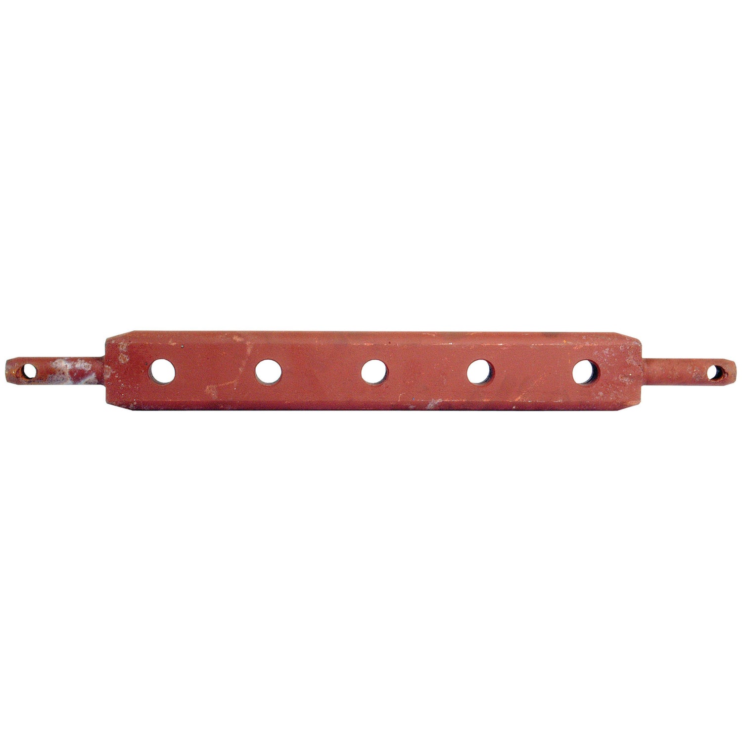 The Flat Drawbar (Cat. 1) from Sparex, with part number S.49123, is a rectangular red metal bar featuring five evenly spaced circular holes and rounded edges. Each end has two protruding tabs with additional holes, ensuring a precise fit with the specified hole centers and pin diameter.