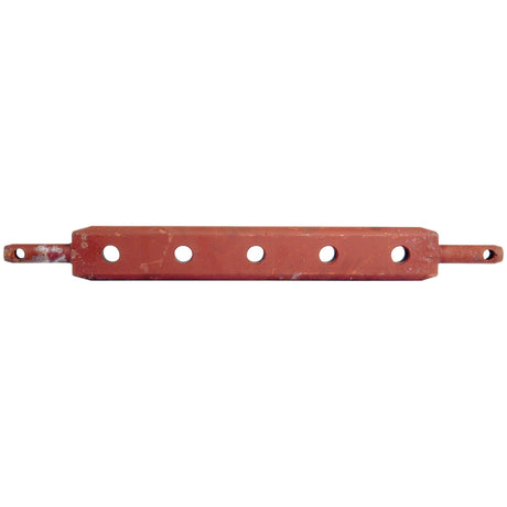 The Flat Drawbar (Cat. 1) from Sparex, with part number S.49123, is a rectangular red metal bar featuring five evenly spaced circular holes and rounded edges. Each end has two protruding tabs with additional holes, ensuring a precise fit with the specified hole centers and pin diameter.