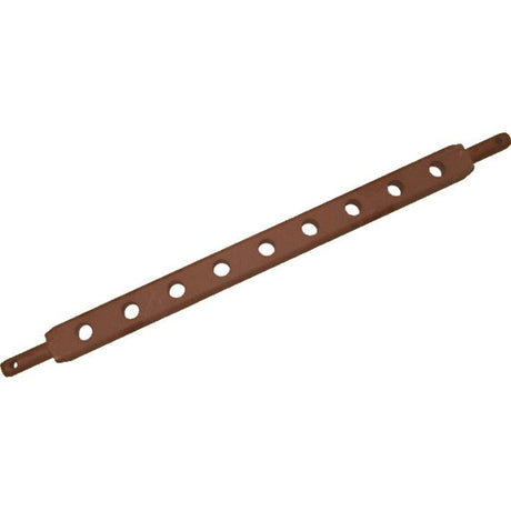 A brown, elongated metal bar with nine evenly spaced circular holes, each marked with Hole Ø for precise fitting. This is the Sparex Flat Drawbar (Cat. 2), measuring 942mm in length, part number S.49128.