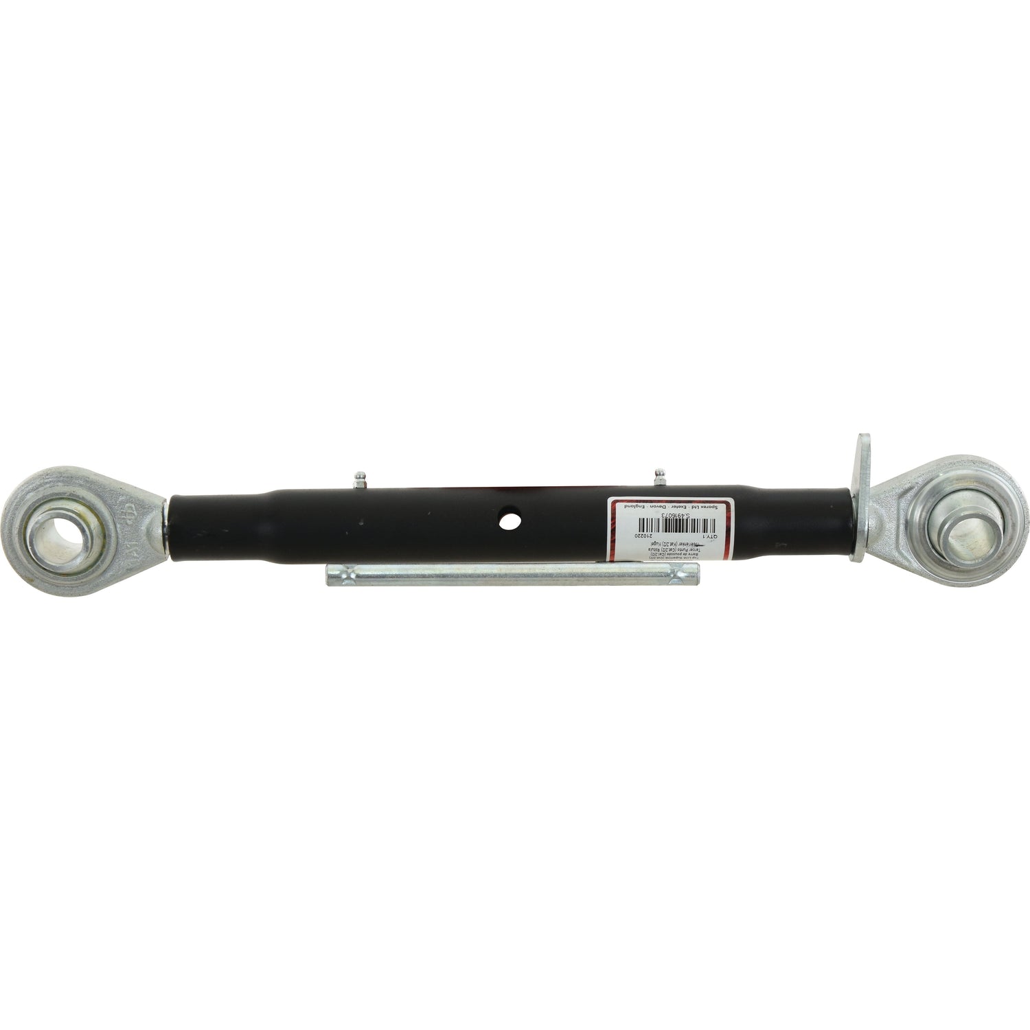The Top Link Heavy Duty (Cat.2/2) Ball and Ball from Sparex, with a 1 1/4'' diameter and a minimum length of 530mm, is a robust black metal rod equipped with bolts and connectors at both ends. It includes a small adhesive barcode label near the center, making it perfect for heavy-duty applications such as tractor implements.