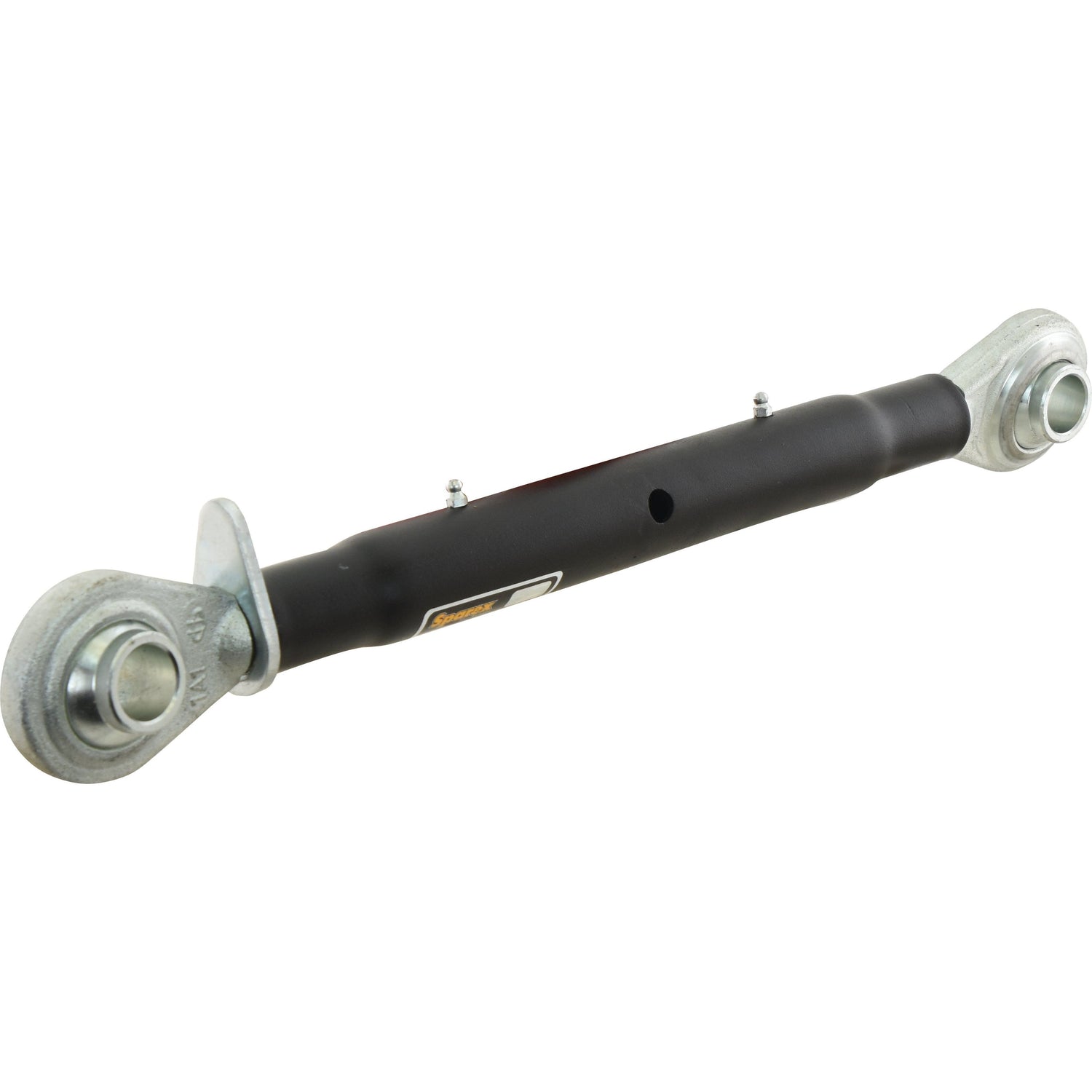 A heavy-duty metal mechanical rod with rounded ends, designed as a vehicle suspension part or tractor implement. It features attachment points on either end and includes a small central sticker. This product is the Top Link Heavy Duty (Cat.2/2) Ball and Ball, 1 1/4'', Min. Length: 530mm - S.4916073, from the brand Sparex.
