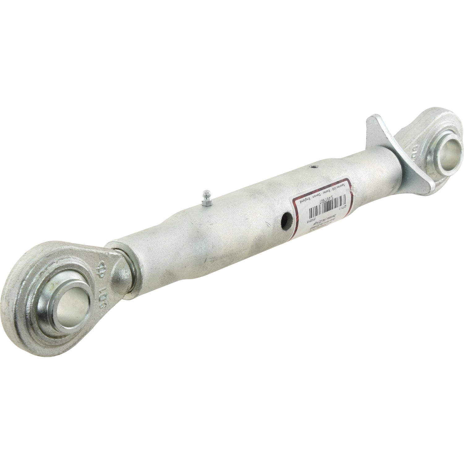 A Top Link Heavy Duty (Cat.2/2) Ball and Ball, 1 1/4'', Min. Length: 420mm. - S.4917607 by Sparex, featuring a sturdy metal construction with two ball joint ends and a central cylindrical section, complete with an attached barcode label.
