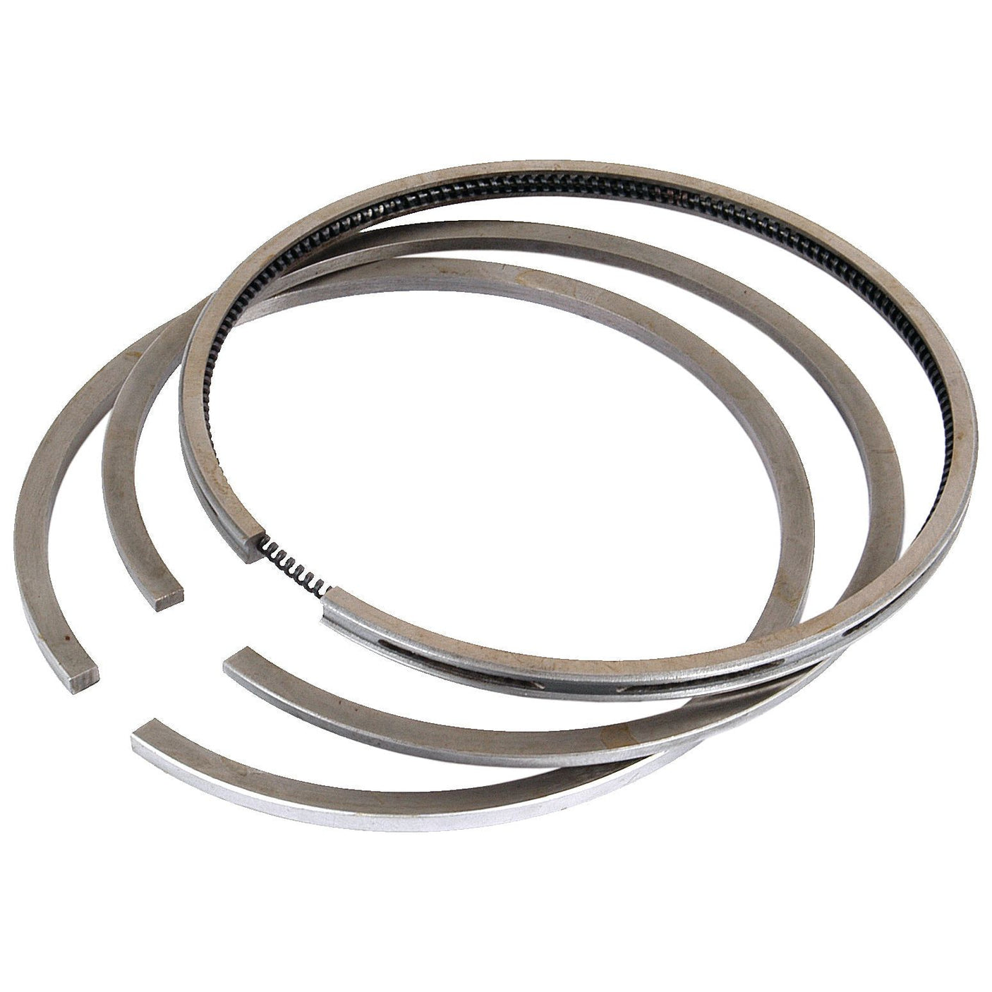 The Sparex Piston Ring Set (Part No. S.4942208) includes four individual rings of different thicknesses and notches, arranged to overlap perfectly. Designed specifically for Massey Ferguson and Landini tractors, this ring set ensures optimal engine performance.