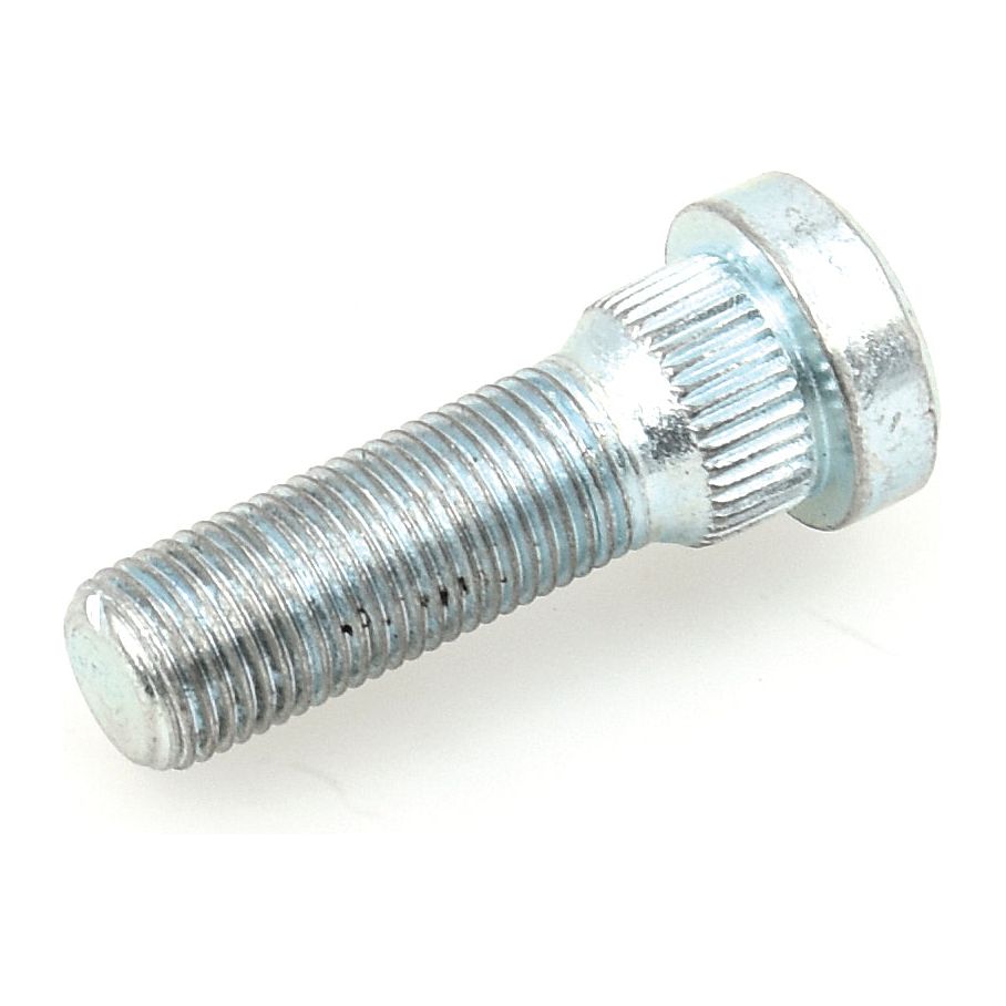 A close-up image of the Wheel Stud 1/2'' x 1 3/4'' (UNF) Grip Ø: 5/8'', featuring a metallic threaded bolt with a ridged collar, resembling a precision-engineered part commonly used in Ford/New Holland machinery, branded as Sparex Part No. S.4948.