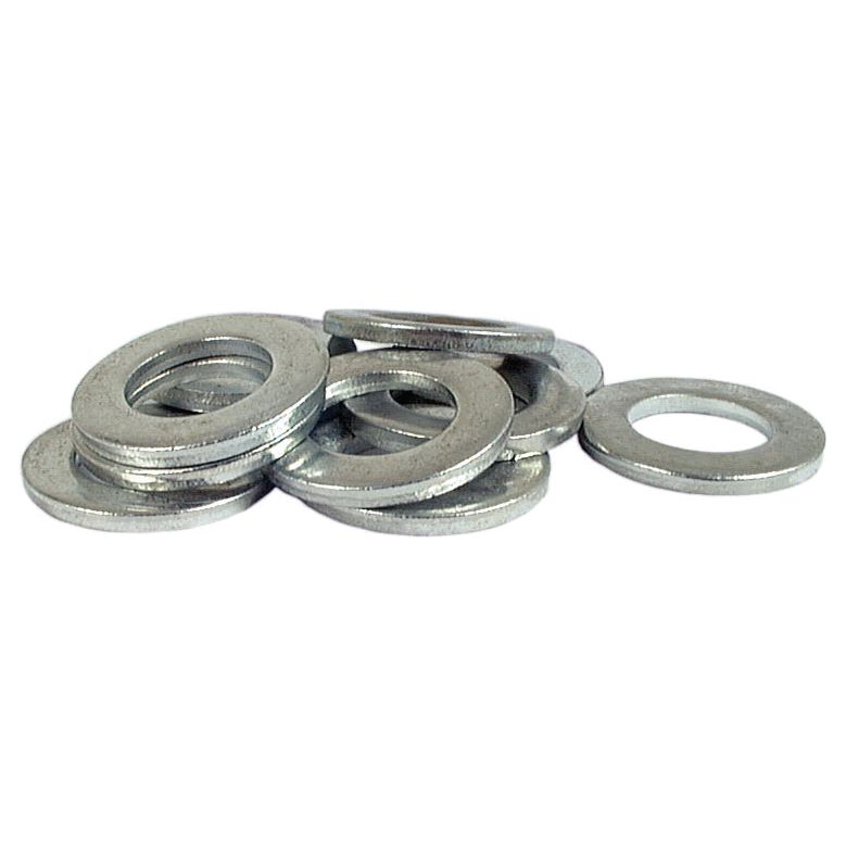 A small pile of Sparex Metric Flat Washers (ID: 16mm, OD: 30mm, Thickness: 3mm), arranged in a scattered manner against a white background.