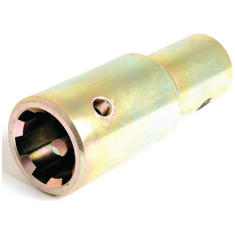 The Sparex PTO Pump Adaptor, product S.4982, is a metallic cylindrical mechanical part with a bore diameter of 3/4 inches, featuring a hollow central section with a female spline measuring 1 3/8 inches - 6 and equipped with small side holes and a grub screw. It is designed for standard duty applications up to 70HP.