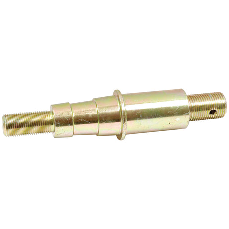 A metallic cylindrical rod, featuring threaded ends on both sides, a hexagonal section, and a hole through one threaded end, compatible with Massey Ferguson and Landini models. This product is the Lower Link Implement Pin Dual Thread Size Cat. 2 by Sparex (Part No. S.4985).