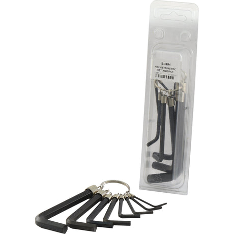 Image of a Sparex HEX KEYS-METRIC SET-AGRIPAK (Sparex Part No.S.4994) in various sizes attached to a metal ring, with some keys arranged outside their plastic packaging.