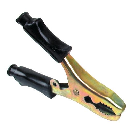 Close-up of a metallic clamp with a gold finish and black rubber-coated handles on both ends, ideal for 40amp booster cables, Booster Cable Handle Black 40amp (Sparex Part No. S.50039), by Sparex.