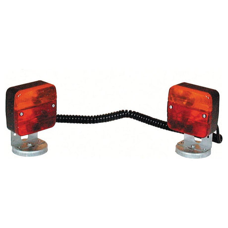 The Sparex Lighting Set (Halogen) S.5003, which includes two red rectangular magnetic trailer lights, features a 12V halogen light source for brake, tail, and indicator functions. These lights are connected by a coiled cable and a 7-pin plug to ensure signaling and enhanced visibility.