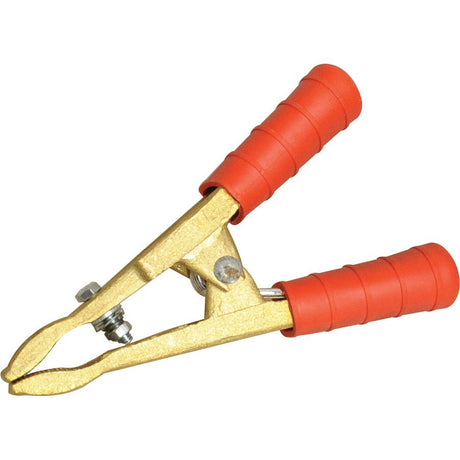 The Jump Lead Cable Handle 300a Red by Sparex (Part No. S.50040), a heavy-duty brass battery clamp with red insulated handles, is shown in an open position and is ideal for use with 300 Amps jump lead cables.
