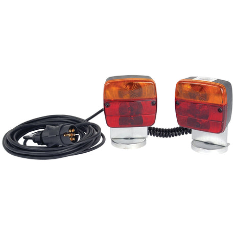 The Sparex Lighting Set (Halogen), S.5004, consists of two rectangular trailer lights with red and amber lenses that serve brake, tail, and indicator functions. These 12V halogen lights are connected by a coiled cable terminating in a 7-pin plug for easy connectivity.