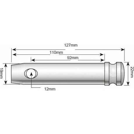 Diagram of the Sparex Top Link Pin & Chain Cat. 1 (Part No. S.5005) with various measurements: Working length: 127mm, 110mm, and 92mm; Pin Ø: 22mm, 19mm, and 12mm. Labeled with arrows and specifications.