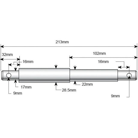 Technical drawing of a Lower link implement pin dual 22 - 28x213mm by Sparex, detailed measurements include various diameters, specific segment lengths, and holes at both ends.