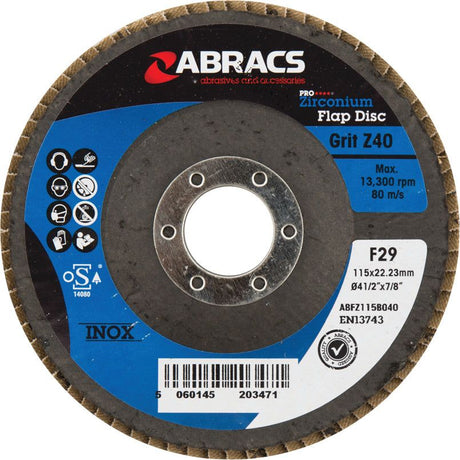 Image of a Sparex Flap Disc (S.50138) with Grit 40, designed for maximum performance on stainless steel. Boasting a maximum speed of 13,300 rpm and dimensions of Ø115 x 10 x 22mm, the disc is labeled with product codes and compliance markings for reliability.