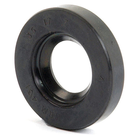 Close-up image of the Sparex Metric Rotary Shaft Seal in black rubber, with ridged edges and marked text and numbers indicating specifications. This seal measures 17 x 35 x 7mm and features a double lip design. The product is identified as Sparex Part No.S.50173.