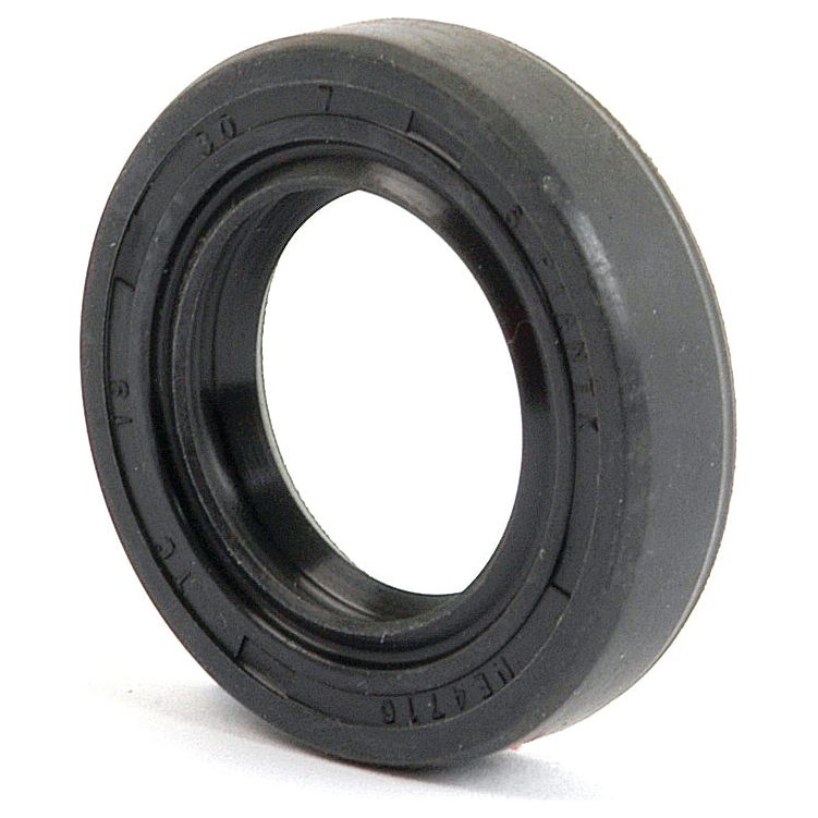 Image of a Sparex black rubber Metric Rotary Shaft Seal, 18 x 30 x 7mm Double Lip (Part No. S.50178), with inscriptions around its outer edge, commonly used in mechanical applications to prevent fluid leakage. This Sparex double lip metric rotary shaft seal is designed for enhanced durability and performance in a variety of settings.