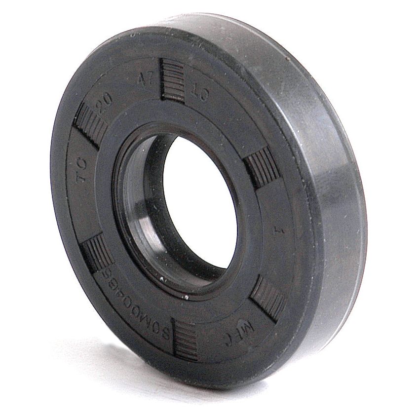 Close-up of a circular black Metric Rotary Shaft Seal, 20 x 47 x 10mm Double Lip (Sparex Part No. S.50189), with grooved markings and numbers around its perimeter. This double lip oil seal is compatible with Ford/New Holland equipment from the brand Sparex.