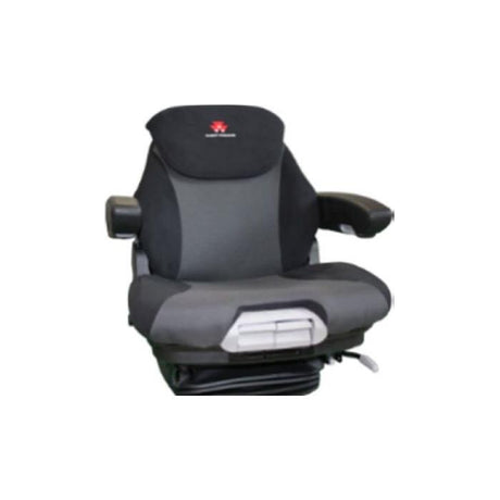 The Massey Ferguson seat cover - model 3933682M1 from AGCO is a black and grey ergonomic option with armrests and a cushioned seat, ideal for low cabins.