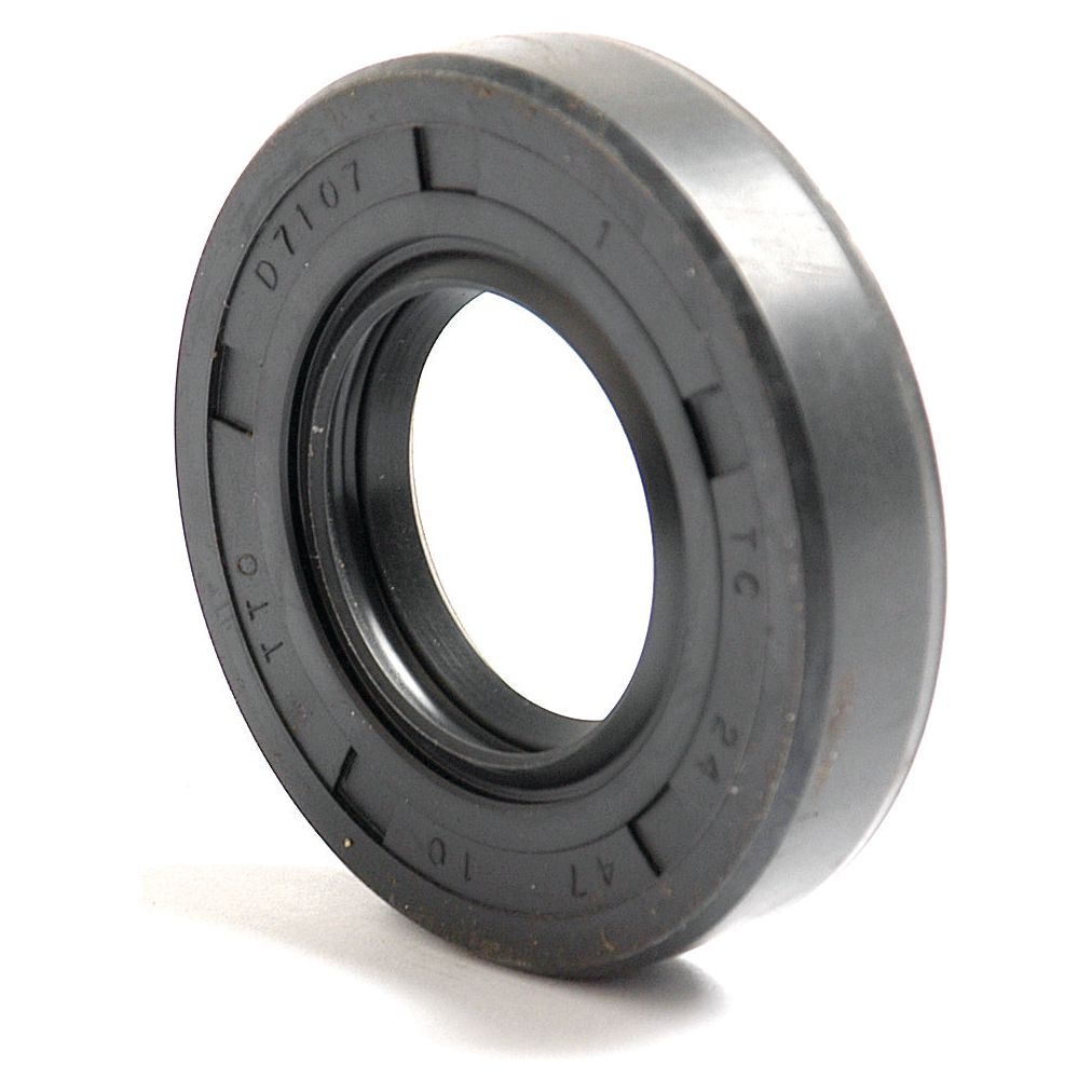 A Sparex Metric Rotary Shaft Seal, measuring 24 x 47 x 10mm with double lips and identification markings around the center hole, black in color with ridged edges (Part No. S.50200).