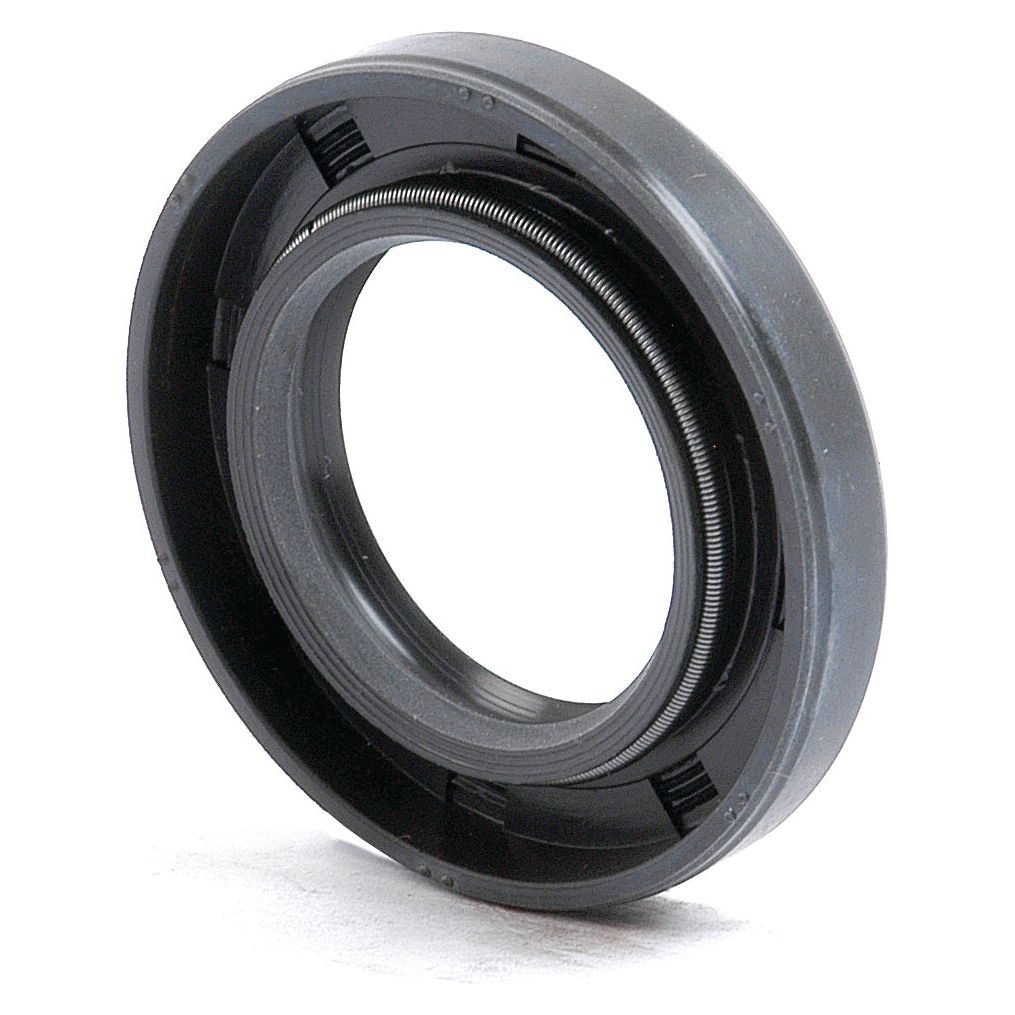 A close-up image of a black and gray circular mechanical component, featuring an inner metal spring and grooved outer edges, reveals the intricate design of the Sparex Metric Rotary Shaft Seal, 28 x 47 x 7mm Double Lip (Part No. S.50228).