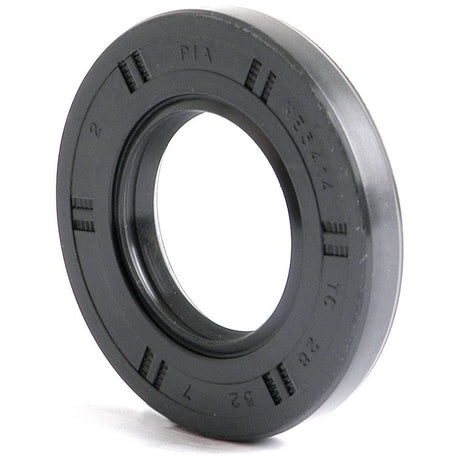 A Sparex Metric Rotary Shaft Seal (Part No. S.50230) in black, measuring 28 x 52 x 7mm, with a double lip design and featuring ridges and markings on the outer edge as well as a central hole.