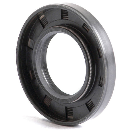 The Sparex Metric Rotary Shaft Seal, 28 x 52 x 7mm Double Lip (Part No. S.50230), is a black circular rubber oil seal featuring a metal spring, designed for use in machinery to prevent leakage of lubricants or fluids.