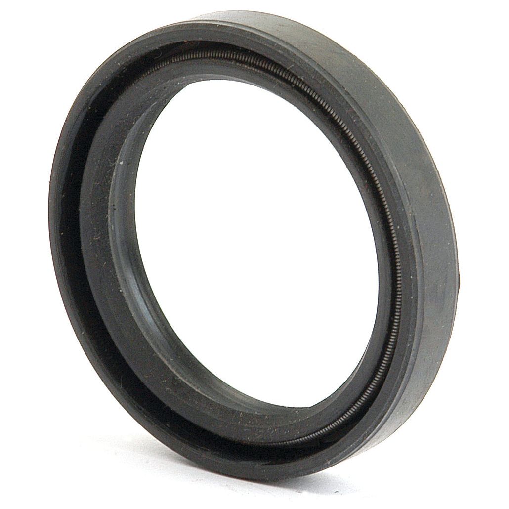 Close-up of a black rubber Metric Rotary Shaft Seal by Sparex, sized at 32 x 42 x 7mm (Sparex Part No. S.50254), featuring a circular shape and a spring embedded along the inner edge. This seal includes a double lip for enhanced sealing performance.