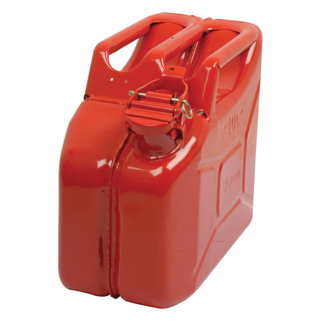 The Sparex Metal Jerry Can - Red 10 ltr(s) (Petrol) | Part No.S.5025, features a handle and secure lock mechanism, making it perfect for storing petrol.