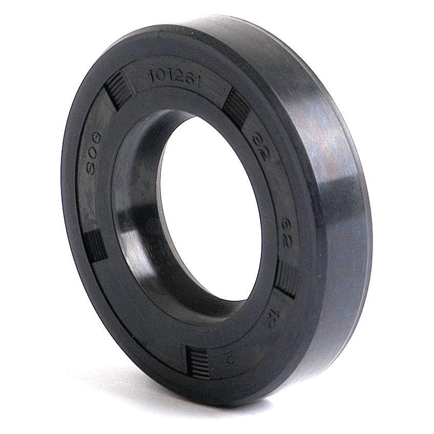 The Sparex Metric Rotary Shaft Seal (Part No. S.50264) is a black rubber oil seal with a round shape and an inner hole, featuring markings and grooves on its outer edge. It measures 32 x 62 x 12mm and has a single lip design for effective sealing.