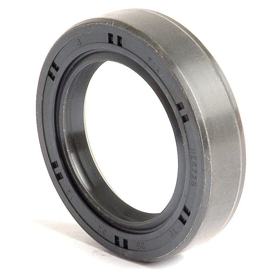 A close-up of the Sparex Metric Rotary Shaft Seal, showing its black rubber material and circular shape, designed to prevent lubricant leakage. This double lip seal, identified by Sparex Part No. S.50277 and measuring 35 x 52 x 12mm, features grooves and is equipped with a metal casing.