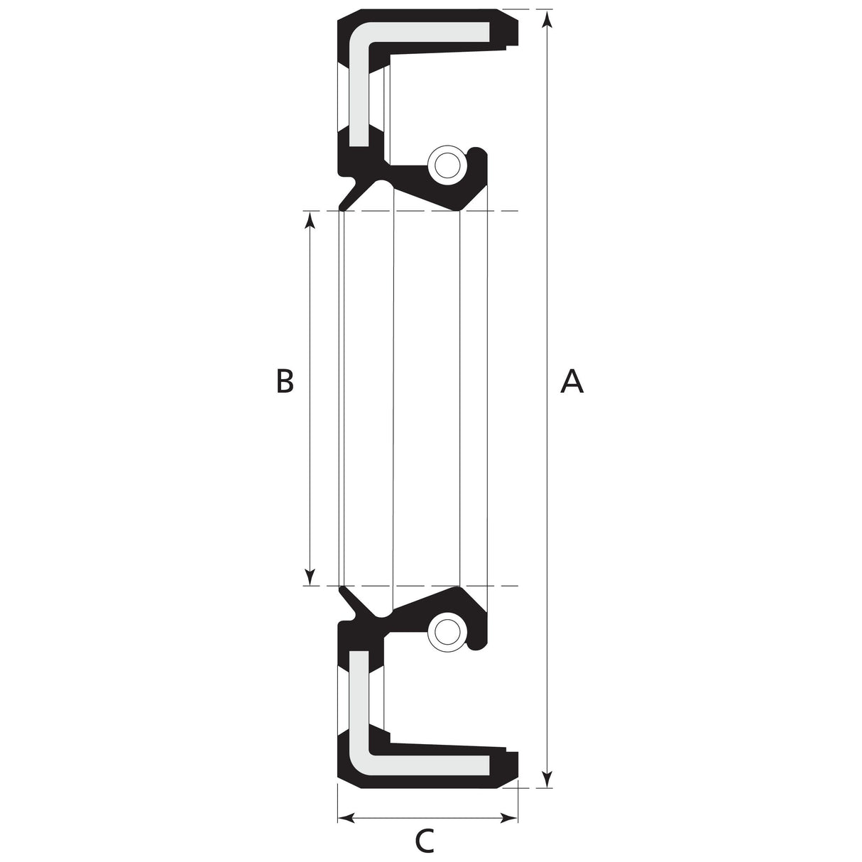 Technical drawing of a cross-section featuring a Sparex Metric Rotary Shaft Seal, 35 x 55 x 8mm Double Lip (Sparex Part No.S.50278). Measurement lines labeled A, B, and C indicate various distances within the section.