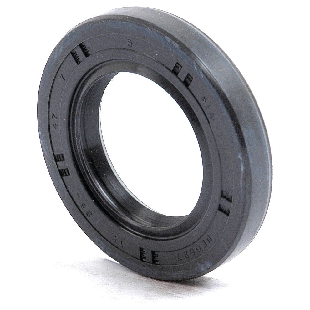 A black rubber oil seal with numerical markings along the outer edge, standing upright on a white surface, this Sparex Metric Rotary Shaft Seal, 35 x 55 x 10mm Double Lip (Part No. S.50279) features a double lip design for enhanced protection.