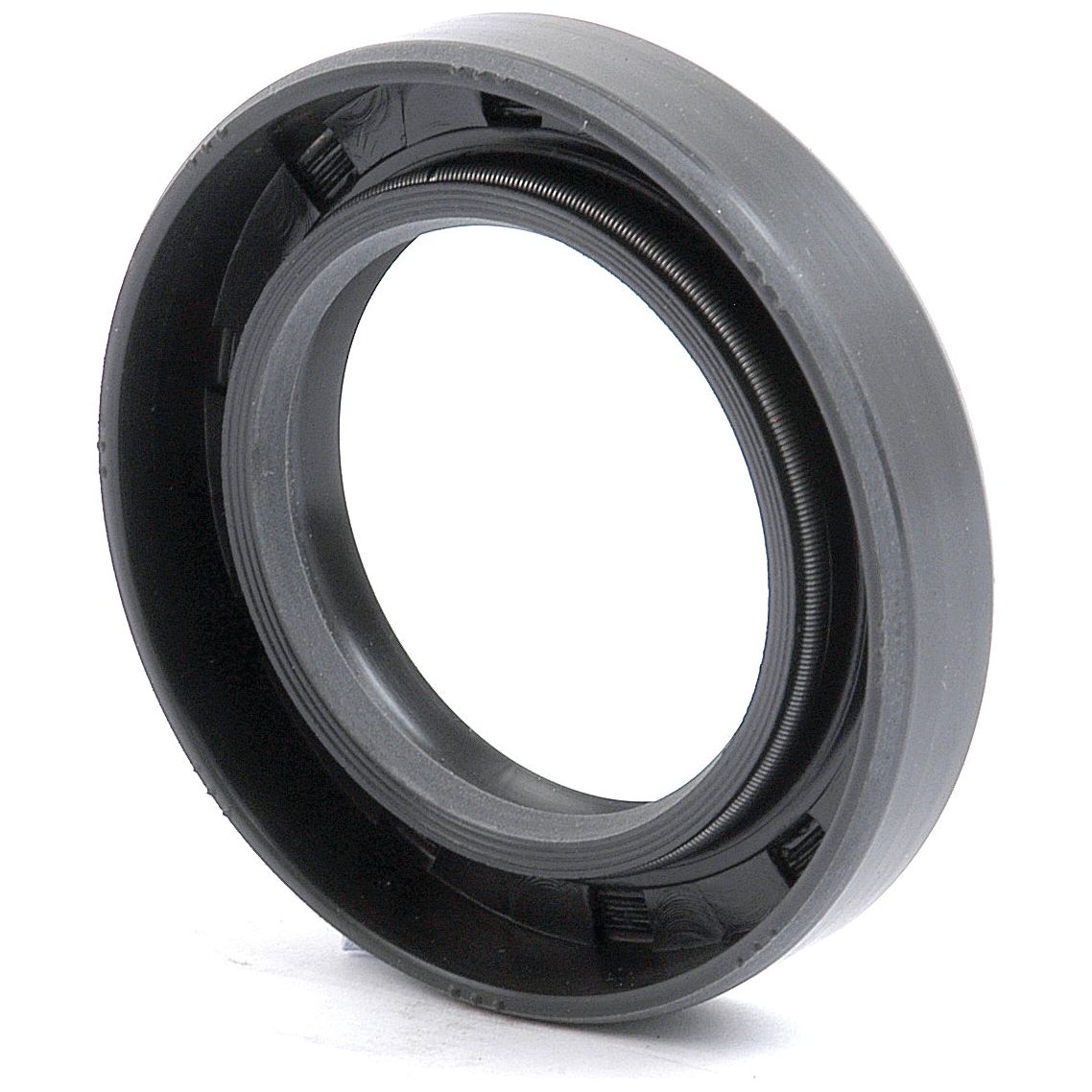 Close-up view of the Sparex Metric Rotary Shaft Seal, 35 x 55 x 10mm Double Lip (Sparex Part No. S.50279), a black rubber seal with a metal spring inside, typically used for sealing rotating shafts to minimize leakage and contamination. This rotary shaft seal features a double lip design to enhance its effectiveness.