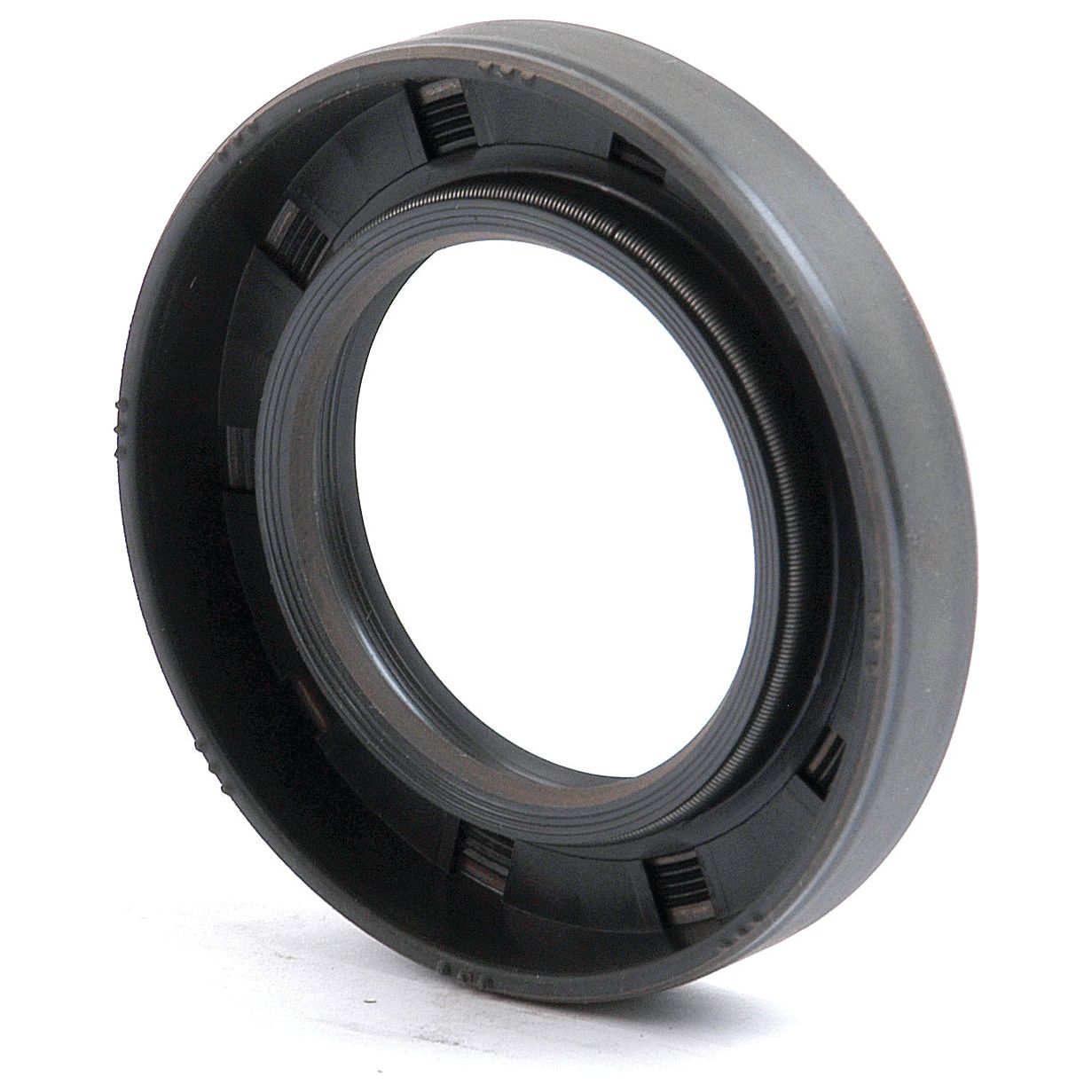 The Sparex Metric Rotary Shaft Seal, 35 x 58 x 10mm Double Lip (Part No. S.50283), is a circular black oil seal with rifling details inside and a double lip seal, standing upright on a white surface.