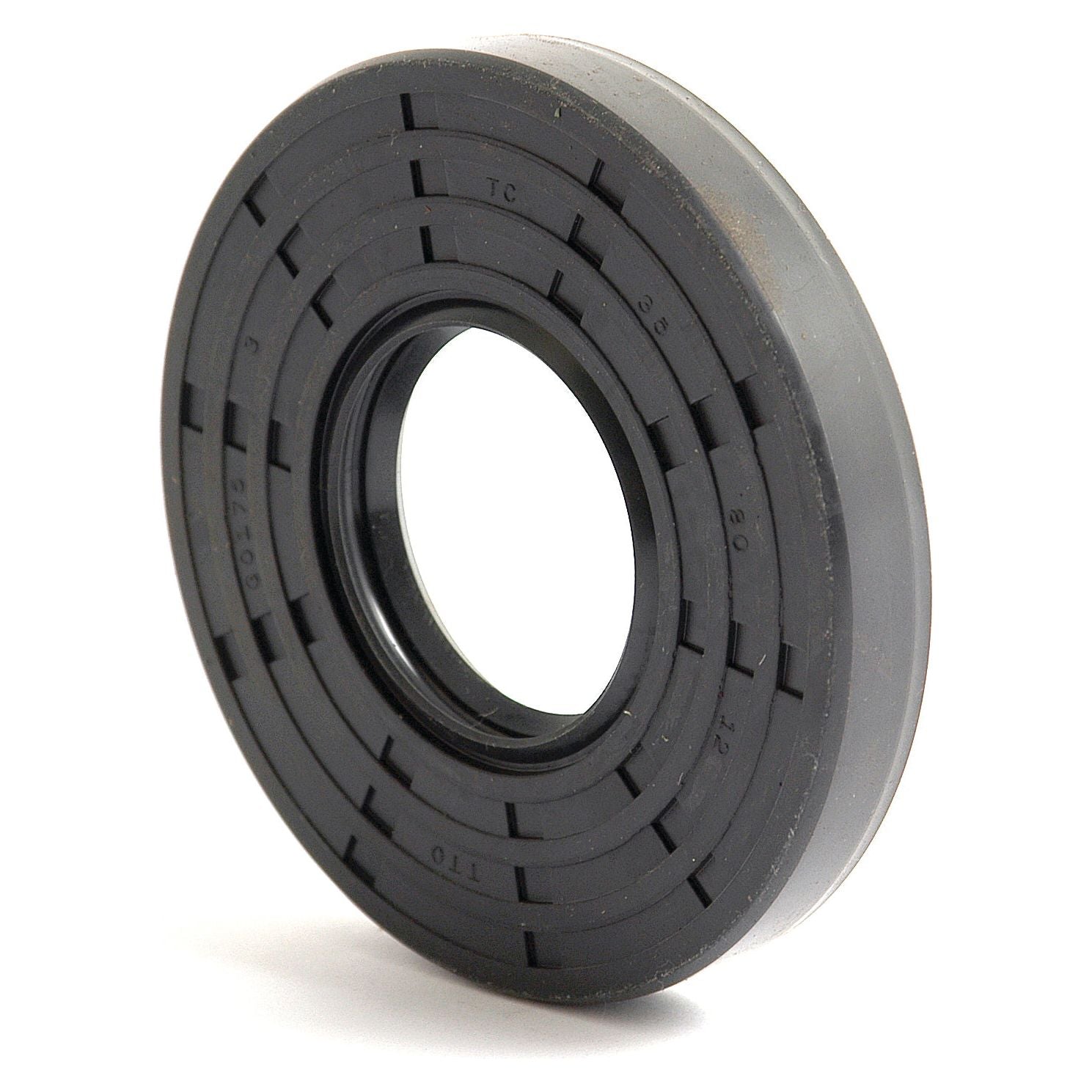 A black circular rubber oil seal with various ridges and markings, viewed from an angle, showcasing its design as the Sparex Metric Rotary Shaft Seal, 35 x 80 x 12mm Double Lip (Part No. S.50295).