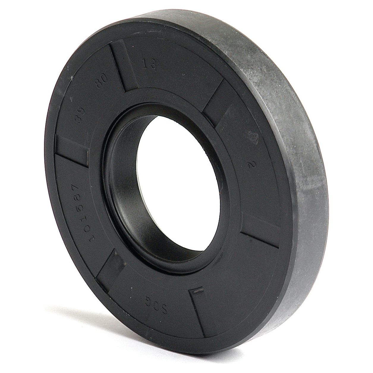 The Sparex Metric Rotary Shaft Seal, 35 x 80 x 13mm Double Lip (Sparex Part No.S.50296), is a black rubber oil seal with a circular shape, engineered to prevent fluid leakage between mechanical components and featuring a double lip for enhanced protection.