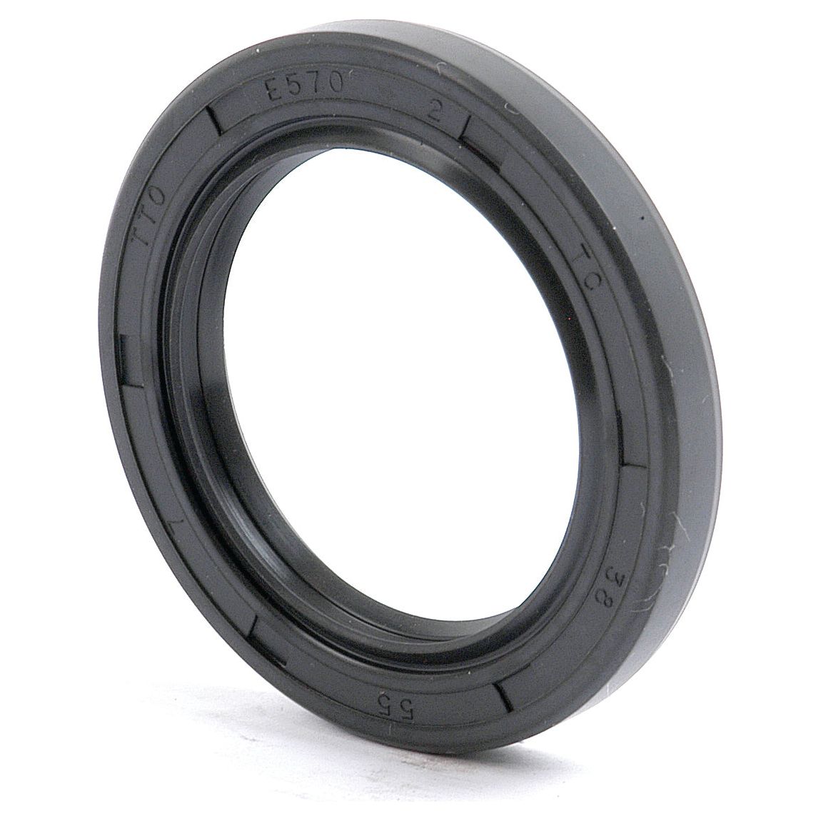 A black rubber Metric Rotary Shaft Seal with grooved edges, commonly used in machinery to prevent leaks and contamination, labeled as Sparex Part No.S.50303. This double lip seal features the markings "E570," "T7O," "T0," "2" and measures 38 x 55 x 7mm.