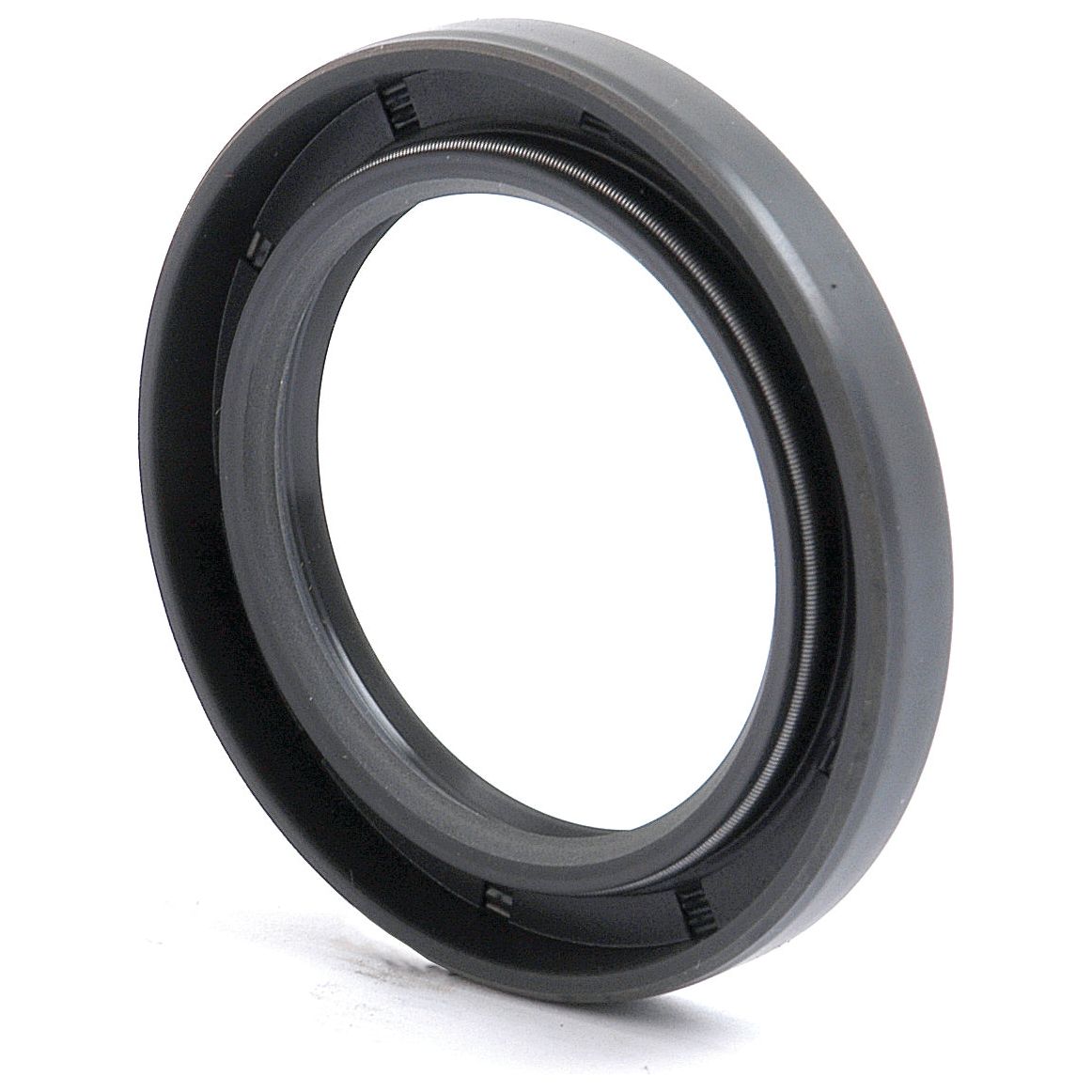 Close-up of a Sparex Metric Rotary Shaft Seal (38 x 55 x 7mm, Part No.S.50303), featuring a circular, black rubber construction with an inner metal spring. This seal is typically used to prevent leakage in machinery or automotive parts and boasts a double lip design for enhanced sealing performance.