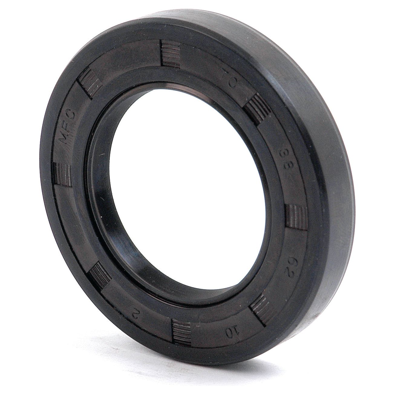 Close-up of a black rubber oil seal, 38 x 62 x 10mm, with visible markings and ridges along its outer edge. This Sparex Metric Rotary Shaft Seal (Sparex Part No. S.50306) features a double lip design for enhanced performance.