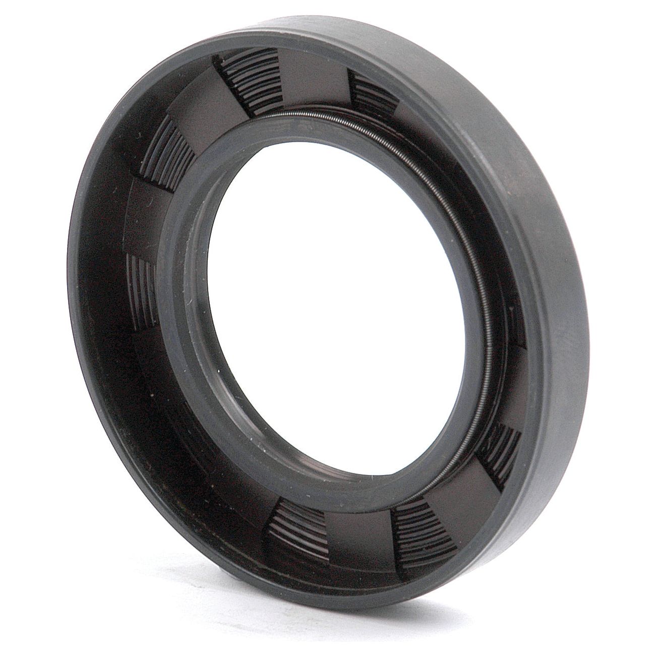 A black circular rubber oil seal with a metal spring inside is shown at an angle against a plain white background. This Metric Rotary Shaft Seal, 38 x 62 x 10mm Double Lip (Sparex Part No.S.50306) from the brand Sparex features a double lip for enhanced performance.