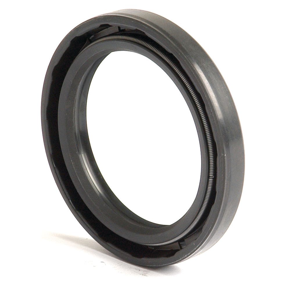 Close-up of a Sparex Metric Rotary Shaft Seal, 40 x 55 x 7mm, featuring a black circular design with a ridged inner ring and double lip construction, isolated on a white background.