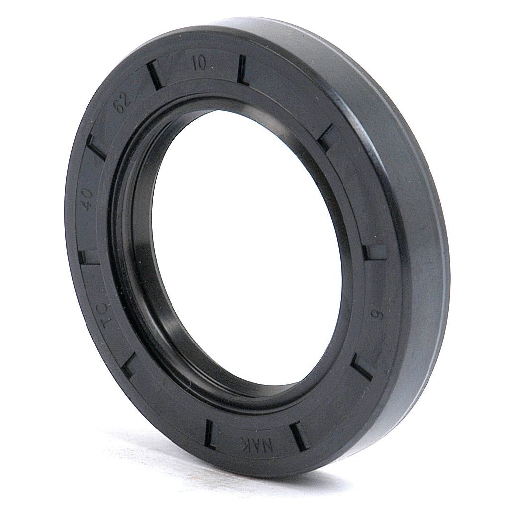 A black rubber oil seal with the markings "NOK", "62", "10", "40", "TC" and "9" on its surface, shown against a white background. This Sparex Metric Rotary Shaft Seal, 40 x 62 x 10mm Double Lip (Part No. S.50320), is ideal for your Sparex needs.